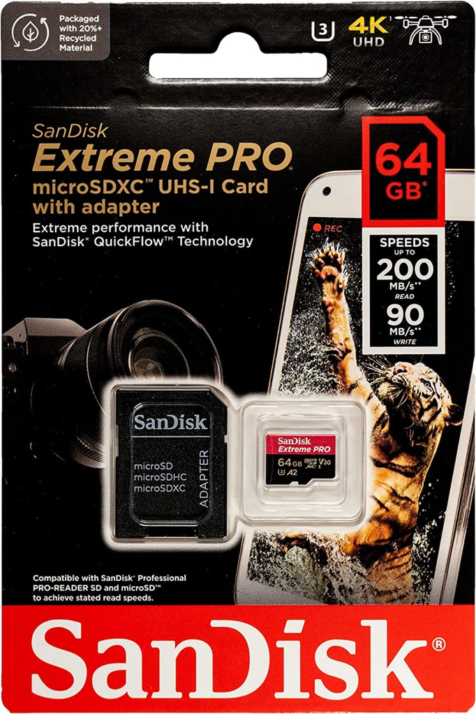 Sandisk Extreme Pro - MicroSDXC Memory 128GB / UHS-I U3 / Class10 / With Adapter  