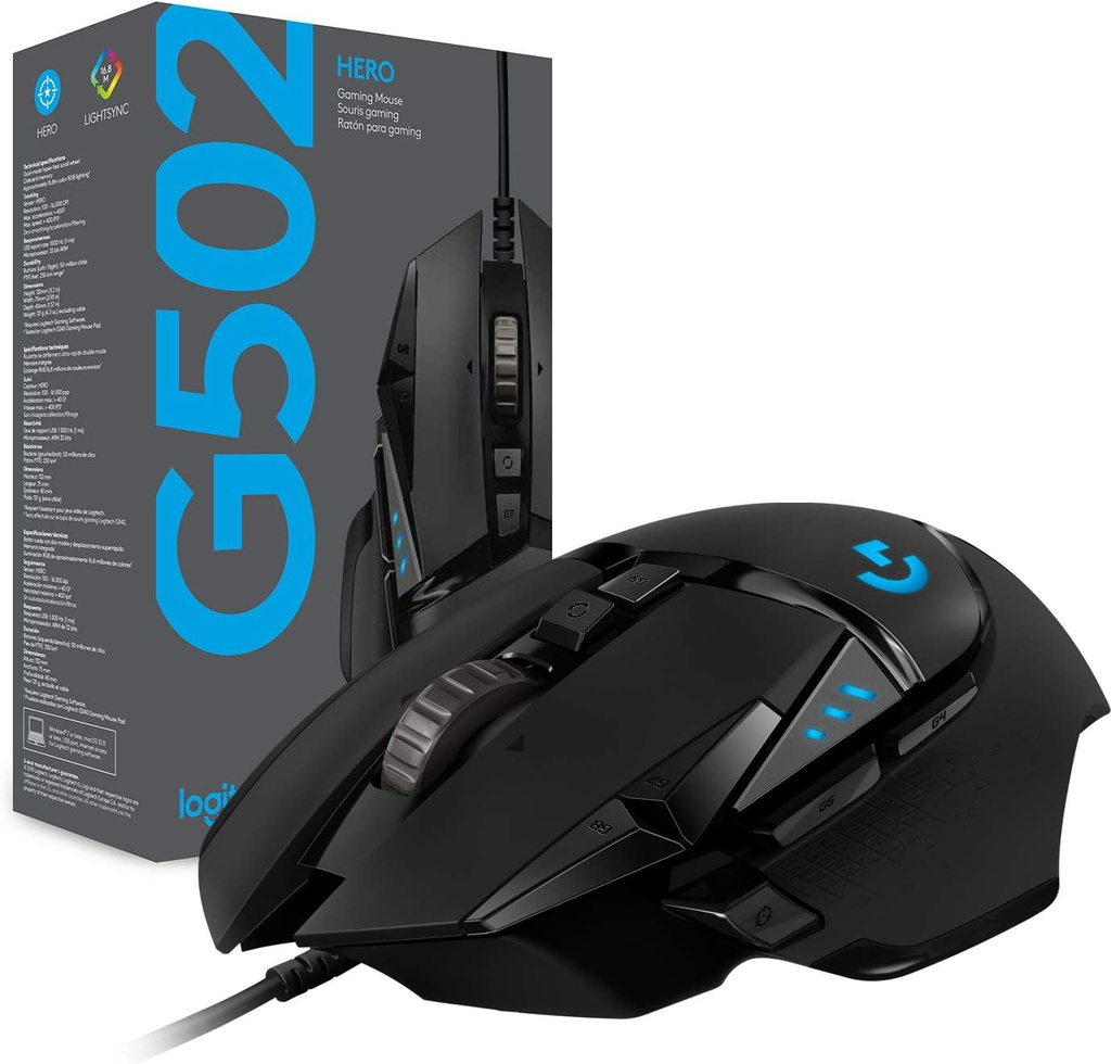 Logitech G502 Hero Mouse Inalámbrico para Videojuegos / USB / RGB / Negro