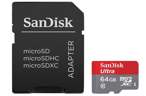[SAN-MEM-MSD-SDSQUNR064G-NA-321] SanDisk microSDXC 64GB ULTRA with Adapter - USH-1, CL 10, Compatible with Android 10