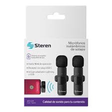 [MIC-CON-STE-MOV029-BK-225] Steren  Dual Pack Wireless Lavalier Microphone - for USB-C, Lightnin, USB2.0 - Up to 10m, Rechardable Batteries, Travel Case